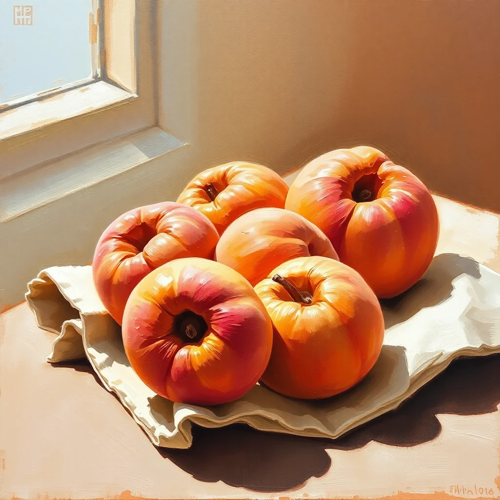 Still life of peaches on linen