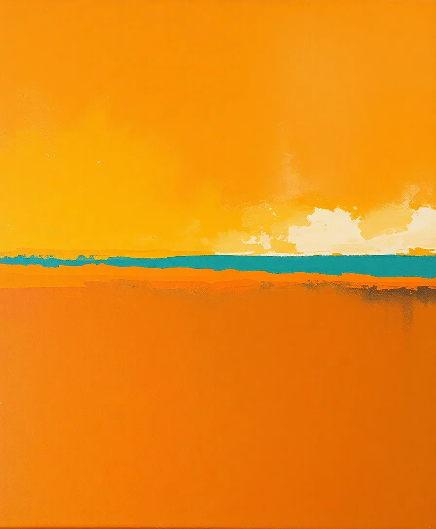 Abstract painting in amber and rust with a teal horizon