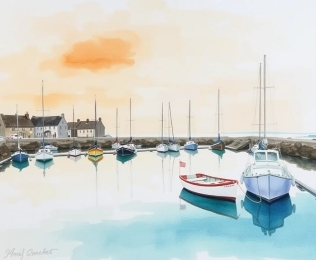Watercolour of a harbour at dusk