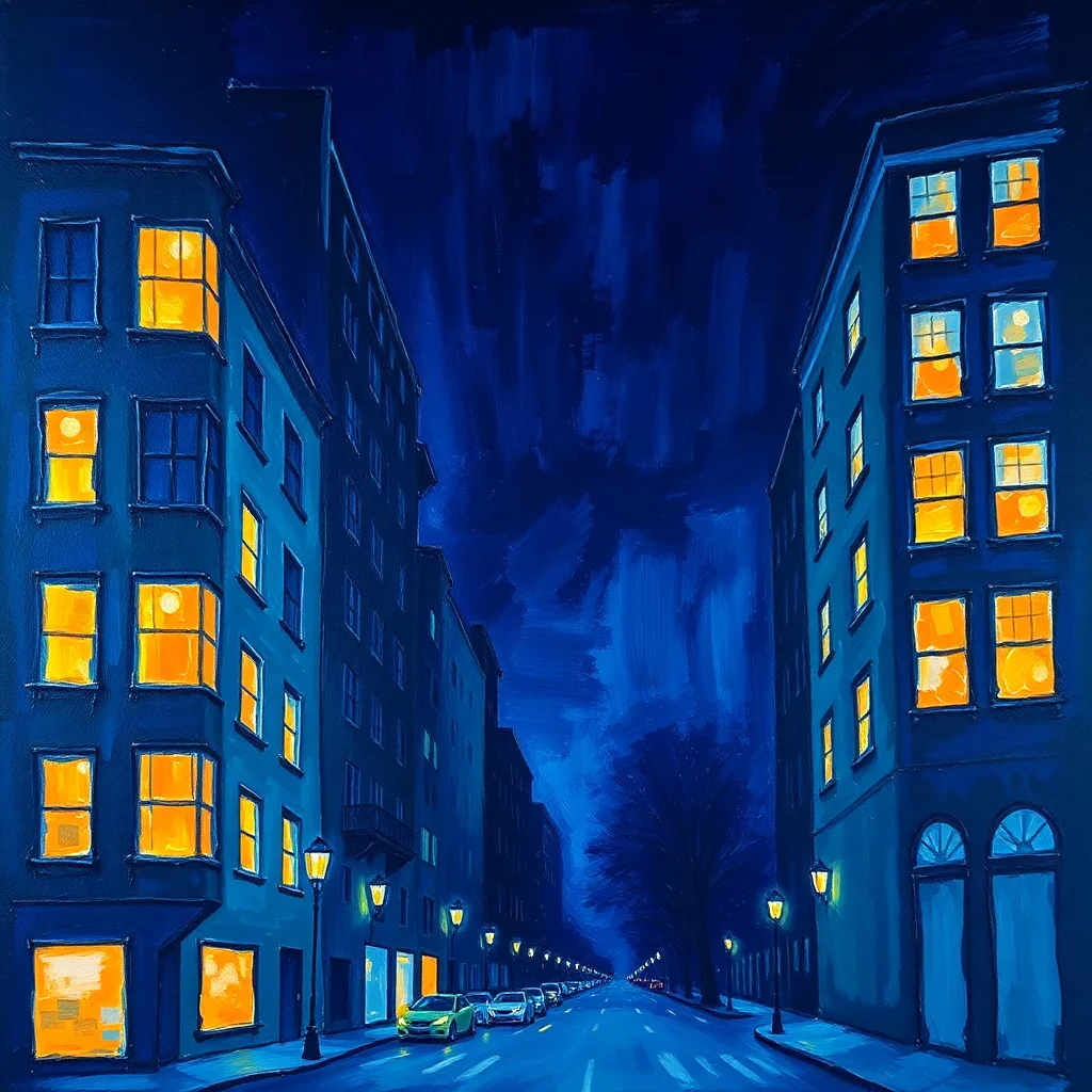 Night city street with glowing windows