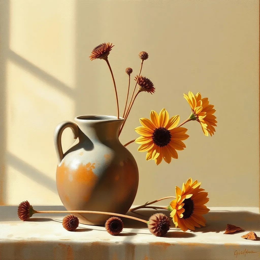 Still life with a ceramic jug and dried flowers