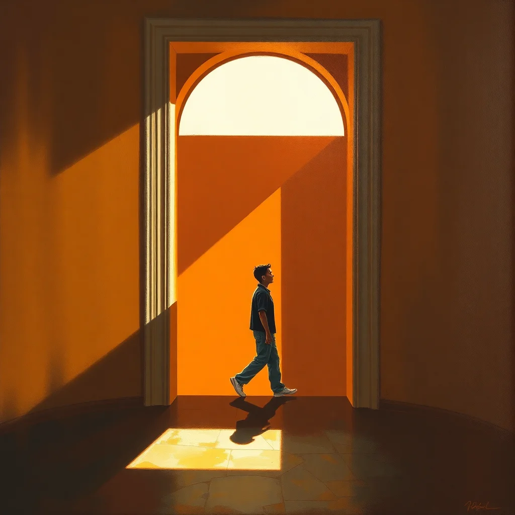Figure walking through a sunlit doorway